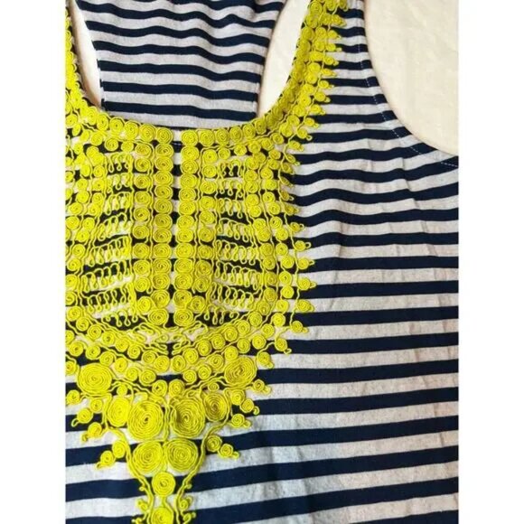 THML Anthropologie navy white striped tank top with yellow embroidery MED - Picture 4 of 7